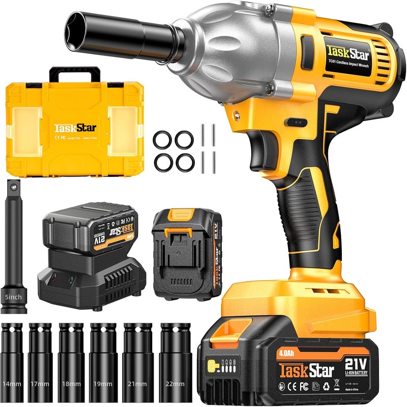 TaskStar Cordless Impact Wrench 740 Ft-lbs(1000N.m) 3300RPM High Torque 1/2 Inch Impact Gun, Electric Impact Driver, Brushless Motor, 2x4.0Ah Battery Fast Charger for Car Tires Truck Mower - Image 1
